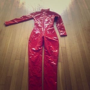 Red Britney Spears pvc catsuit
